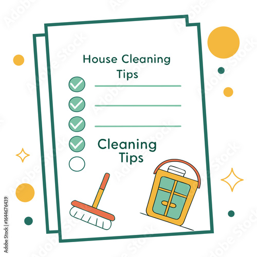A visual guide to house cleaning tips featuring a checklist with completed tasks and essential cleaning tools like a broom and bucket