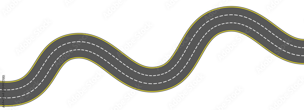 Fototapeta premium Top view winding road. Wavy highway lane or curved race track. Bend street road route. Town or city pavement asphalt path patten. Wiggly roadway drive stripe element. Vector illustration