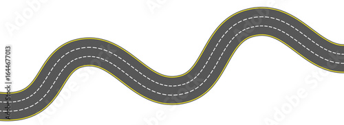 Top view winding road. Wavy highway lane or curved race track. Bend street road route. Town or city pavement asphalt path patten. Wiggly roadway drive stripe element. Vector illustration
