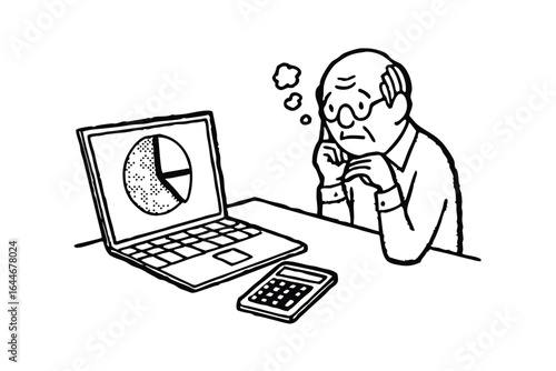 Elderly man using laptop and calculator with pie chart illustration