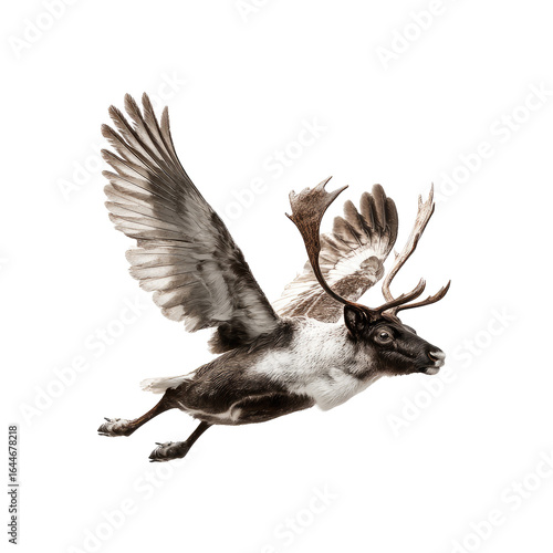 A majestic reindeer, its antlers spread wide, soars through the air with powerful wings