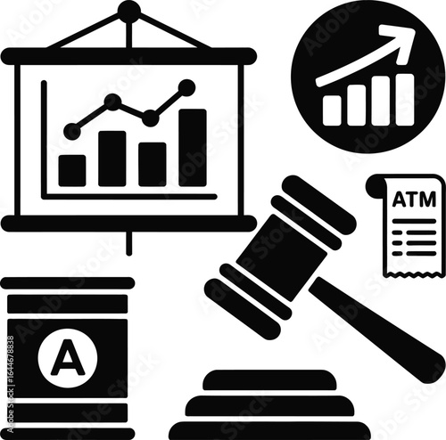 Financial Icons with Gavel Presentation Board and Oil Barrel finance business