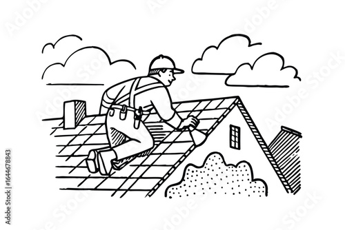 Roofer working on a house roof with ladder and tools