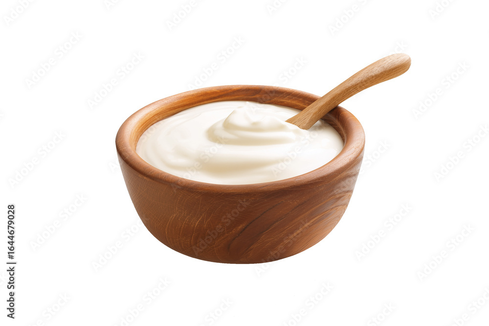 Wooden bowl with yogurt, sour cream and wooden spoon isolated on transparent background, rustic food style Wooden bowl with yogurt, sour cream and wooden spoon isolated on transparent background, rustic food style