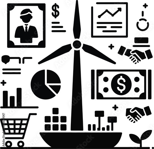 Wind turbine and financial icons with shopping cart and handshake renewable energy