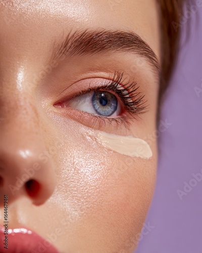 Closeup of a young woman dabbing concealer under eyes freshly moisturized skin glossy lips natural daylight isolated on a subtle lavender background clean makeup closeup