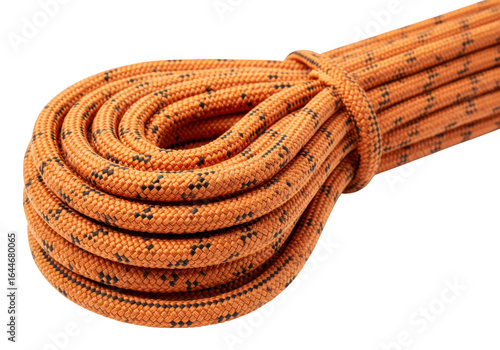 Orange climbing rope coiled equipment isolated on transparent background
