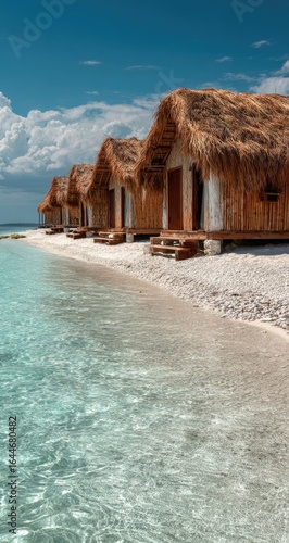 Idyllic beachfront bungalows with thatched roofs, situated on a pristine white sand beach beside translucent turquoise water under a vibrant blue sky