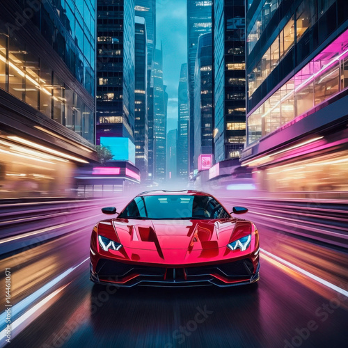 close up car Motion time in a speedy night drive in a big city. view on car and to the road with light trails from vehicles and street lights