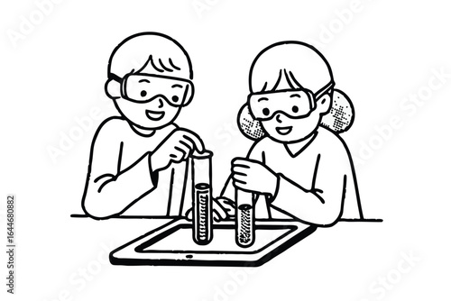 Children in lab coats and goggles conducting science experiments with test tubes and diagrams