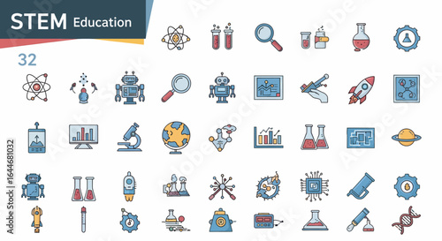 Collection of colorful, outlined icons representing various STEM education concepts.