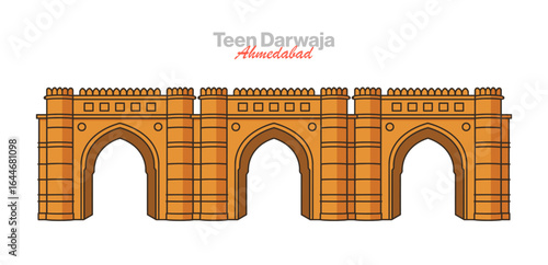 Detailed vector of Teen Darwaja, Ahmedabad—historic three-arched city gate near Bhadra Fort. Heritage landmark, Indo-Islamic stone architecture and Gujarat tourism icon in flat design