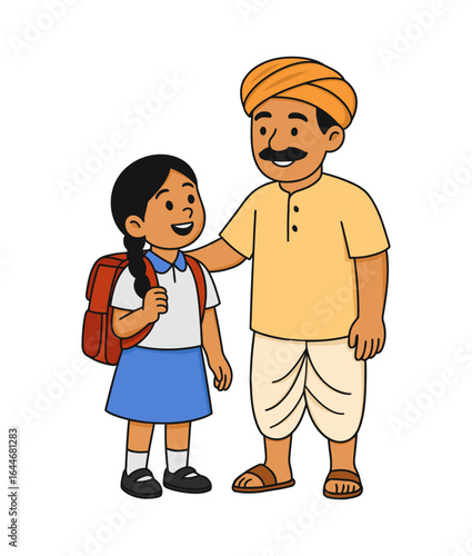 Indian farmer encourages his schoolgirl daughter with backpack and uniform. Rural education, girl empowerment, back to school, scholarship and parenting support concept in friendly vector style