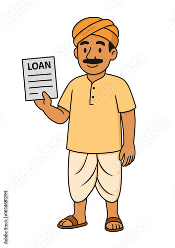 Cheerful Indian farmer in traditional dhoti-kurta and turban holding a loan approval paper. Rural finance, agri credit, microfinance and government subsidy concept in clean flat vector style