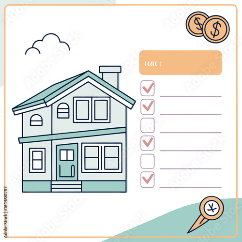 Conceptual illustration of a house with a checklist coins and a magnifying glass representing real estate decisions and financial planning