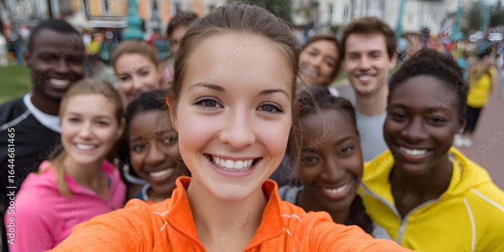 Obraz premium A young woman smiles brightly taking a selfie with a diverse group of cheerful friends outdoors in the city.