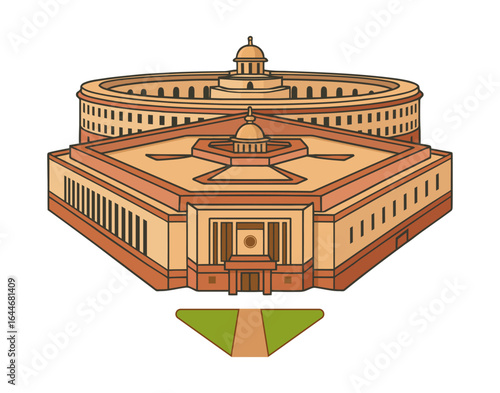 Iconic vector illustration showcasing India's Old Parliament House and New Parliament Building (Sansad Bhavan) in New Delhi, symbolizing Indian democracy & governance