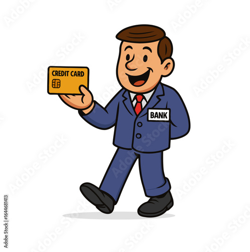 Vector illustration of a banker holding a credit card, symbolizing financial services, easy transactions, and secure banking. Ideal for finance, loans, or payment promotions