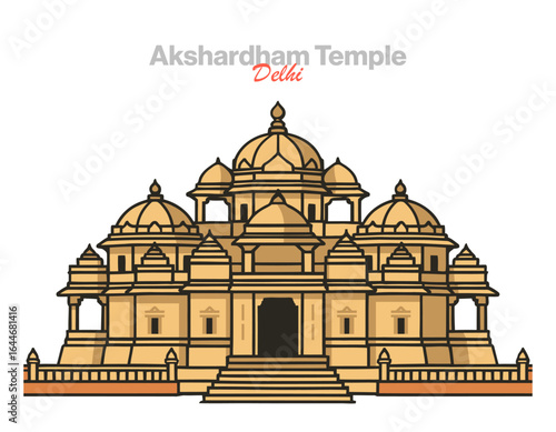 Akshardham Temple vector illustration: a sprawling spiritual and cultural complex in Delhi, showcasing intricate Swaminarayan architecture, Hindu deities, and India's ancient wisdom and traditions