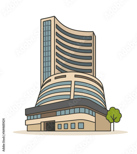 Boambay stock Exchange (BSE building) vector illustration, representing Mumbai's Dalal Street, India's financial hub, stock market activity, and economic significance
