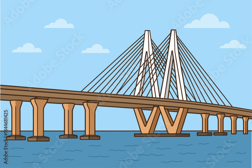 Bandra-Worli Sea Link vector illustration: Mumbai's iconic cable-stayed bridge over the Arabian Sea, a modern architectural marvel connecting Bandra & Worli and an integral part of the city's skyline