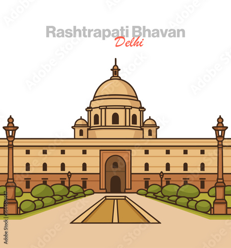 Rashtrapati Bhavan vector illustration: the official residence of the President of India, an architectural marvel blending Indian and Western styles, symbolizing Indian democracy and its rich heritage