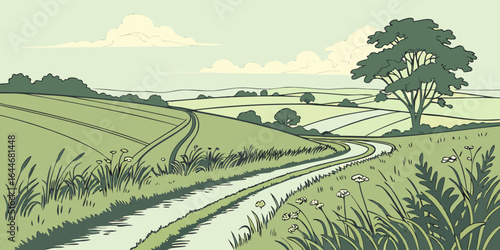 countryside road passing through lush green fields under a clear sky vector illustration.