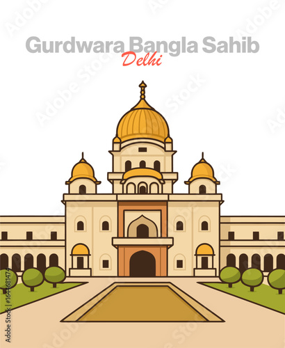 Sacred Gurudwara Bangla Sahib vector illustration: a prominent Sikh House of Worship in Delhi, India, known for its golden dome, sarovar, and selfless community service (langar)