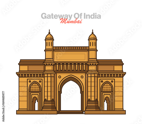 Iconic Gateway of India vector illustration: a majestic archway overlooking the Arabian Sea, symbolizing Mumbai's history as a portal to India
