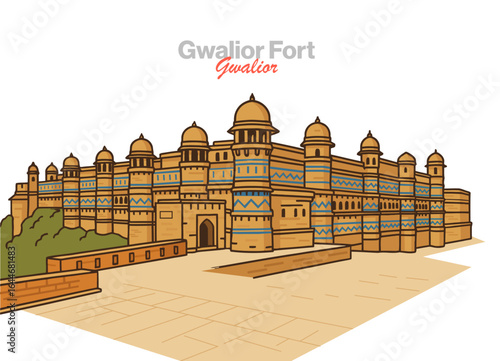 Gwalior Fort vector illustration: a majestic hilltop fortress, showcasing blend of Rajput-Mughal architecture and housing ancient palaces, temples & Jain sculptures in Madhya Pradesh, India