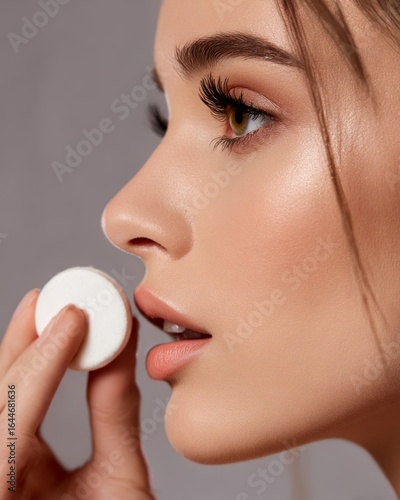 Closeup of a young woman powdering nose with compact natural glowing skin long eyelashes even cosmetic lighting isolated on a warm gray background ultrabeauty focus