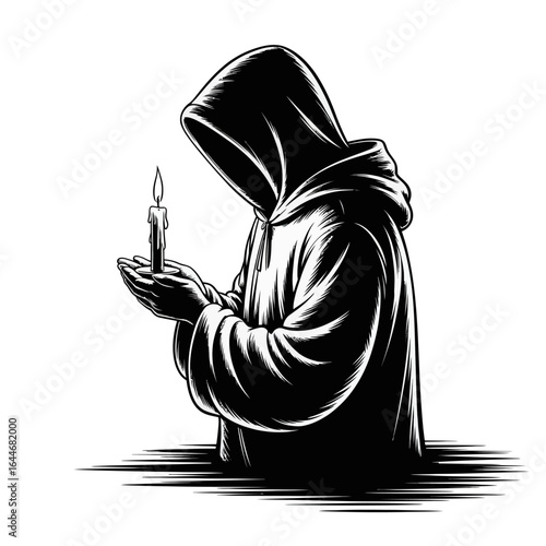 Mysterious hooded figure holding a lit candle isolated on white background