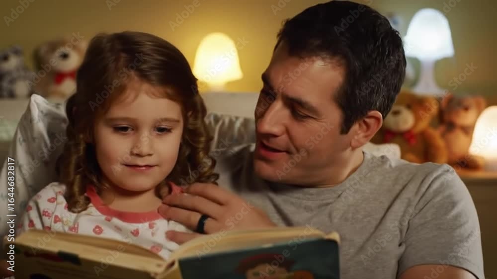 A heartwarming and tender moment as a loving father reads a comforting bedtime story to his young daughter, fostering connection and lifelong memories. A heartwarming and tender moment as a loving father reads a comforting bedtime story to his young daughter, fostering connection and lifelong memories.