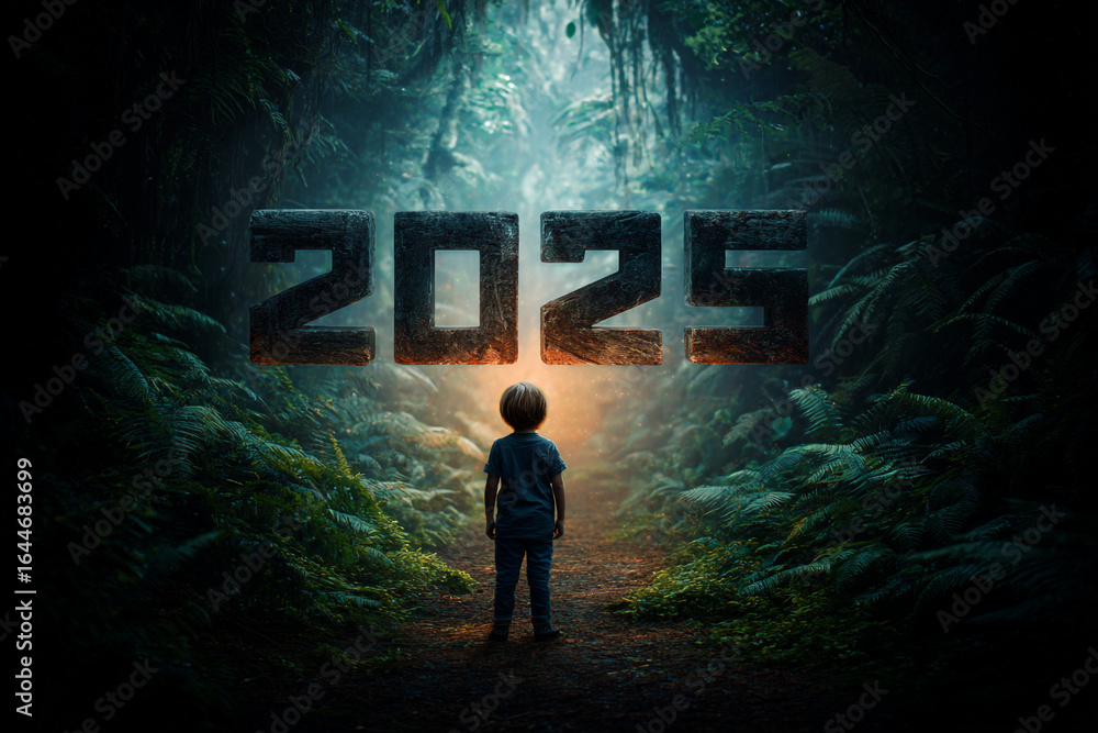 Fototapeta premium Boy Gazing at the Year 2025 in an Enchanting Forest, Symbolizing Hope and the Future