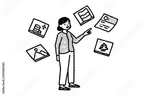 Woman reviewing employee profiles or candidate resumes in a stylized illustration