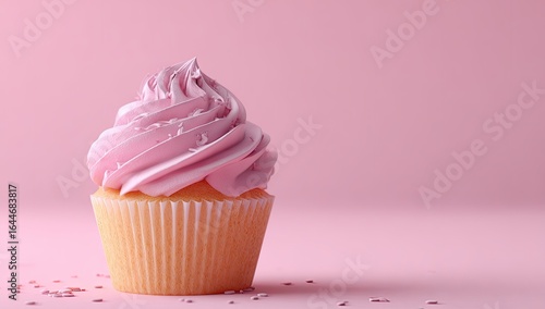 A single pink cupcake with swirled frosting and pink sprinkles sits on a pale pink background.  A few sprinkles are scattered nearby