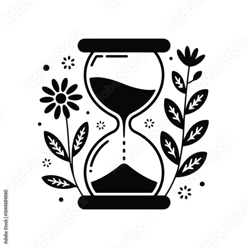 Black Silhouette of an Hourglass with Flowers and Leaves on a White Background Vector illustration of