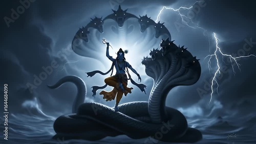 lord krishna dancing on kaliya serpent during storm