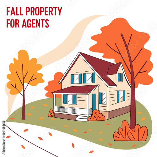 Autumn real estate opportunities for agents featuring a charming house surrounded by colorful fall foliage and falling leaves