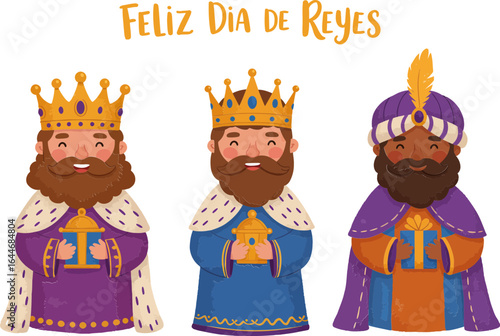 Three Wise Men holding gifts with Feliz Dia de Reyes text, colorful cartoon style for Epiphany celebration.