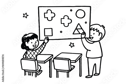 Children learning logic and problem solving with visual puzzles on a whiteboard