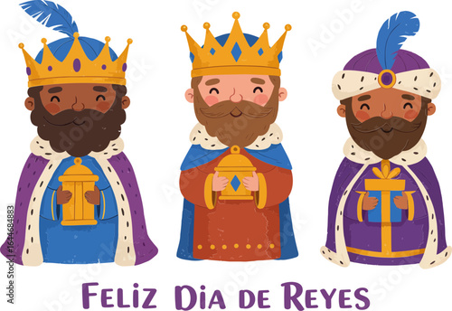 Three Wise Men holding gifts with Feliz Dia de Reyes text, colorful cartoon style for Epiphany celebration.