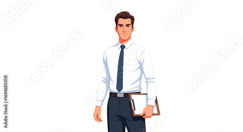 A handsome young businessman in formal office attire holding a clipboard, standing confidently. Vector character illustration isolated on white.