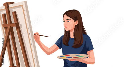 Young female artist immersed in the creative process, painting on a canvas easel, expressing her passion for art and artistic hobbies. A serene moment of concentration for a creative individual.