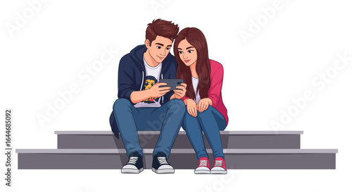 Affectionate young couple sharing a digital moment, sitting together on stairs and viewing a phone screen