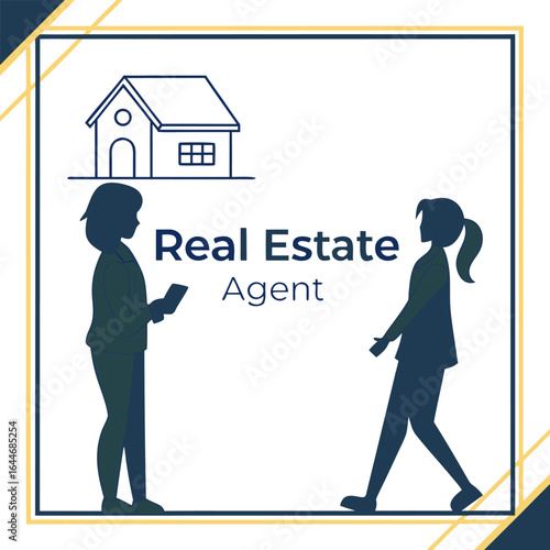 Real estate agent illustration two silhouetted figures discussing a house representing property transactions and client consultations