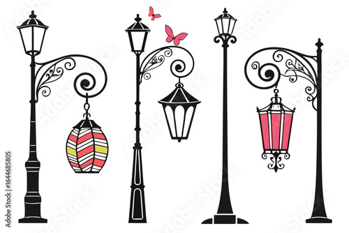 set of street lamp vector silhouette illustration isolated on white background