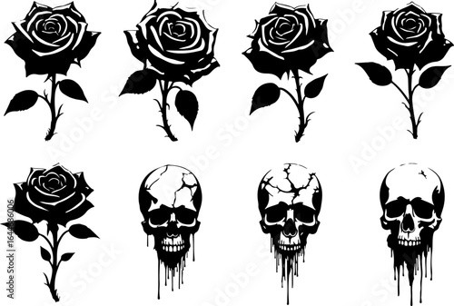 Dark Floral and Skull Tattoo Designs – Bold Black Roses and Skull Vector bundle