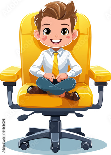 A vibrant cartoon illustration depicts Shinchan, the mischievous character, seated in a bright yellow office chair.