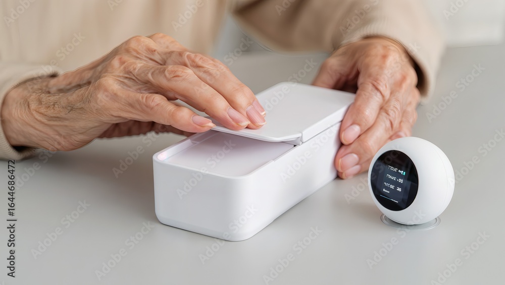 Fototapeta premium Elderly person using a modern blood pressure monitor at home